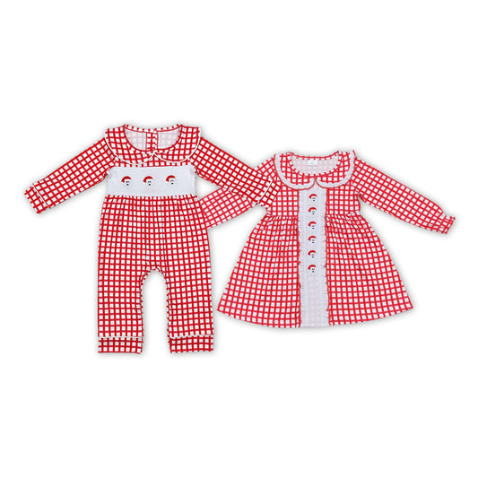 Baby Girls Sister Chrismtas Red Gingham Long Sleeve Dress Romper