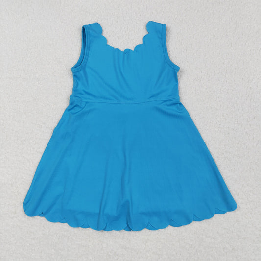 GSD2375 Kids Girls Sleeveless Blue Yoga Ruffle Dress