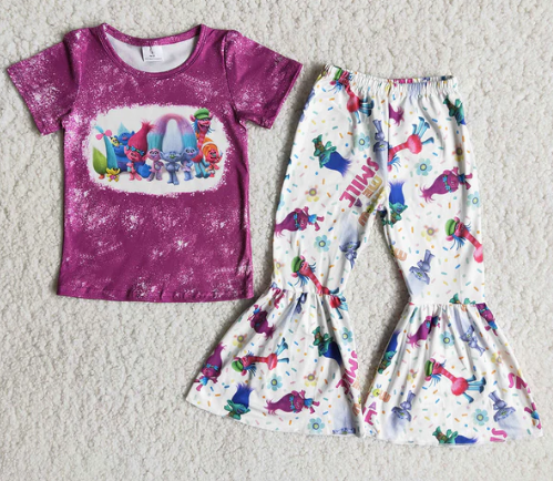 Cartoon Animals Hair Purple Top Bell Bottom Pant Set