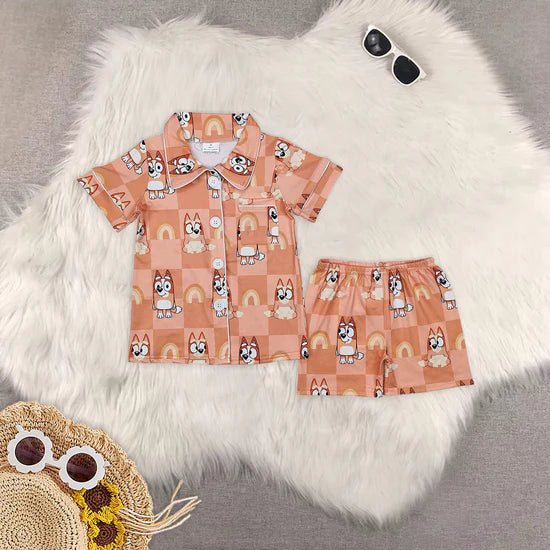 Mommy and Me Cartoon Dog Rainbow Shorts Pajama Set