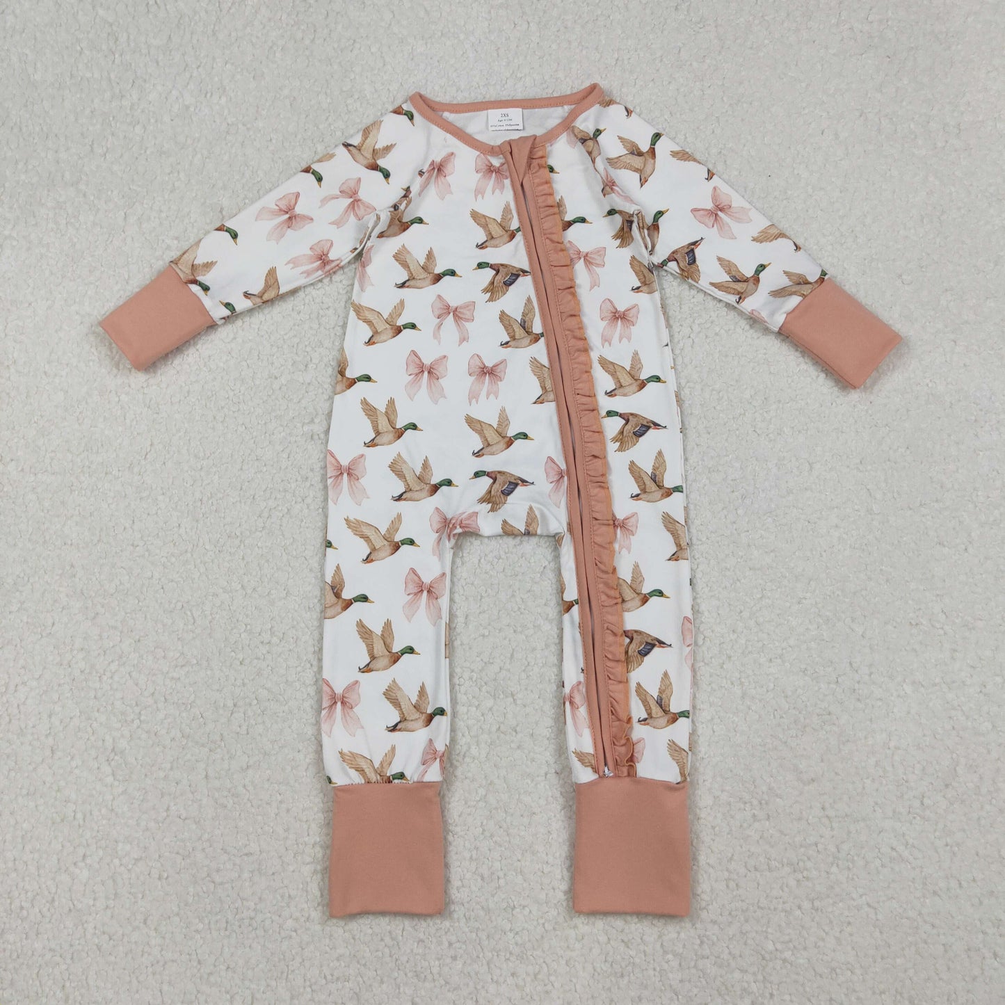 Baby Girls Mallard Pink Bow Long Sleeve Zip Romper