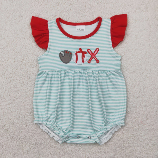 Baby Girls Red Flutter Sleeves Baseball Top Aqua Stripe Rompers