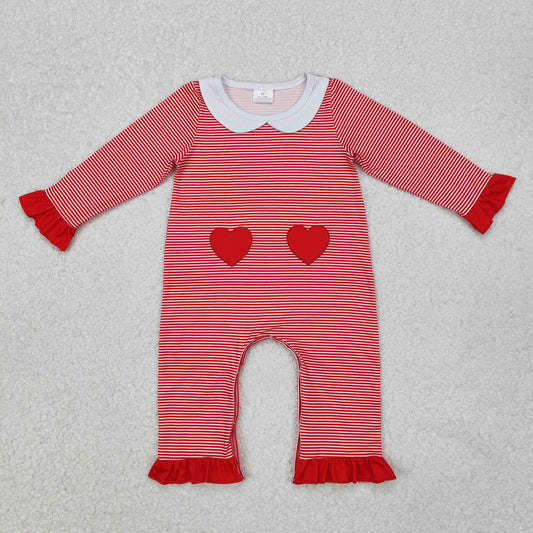 Baby Girls Red Striped Embroidery Hearts Long Ruffle Sleeves Romper