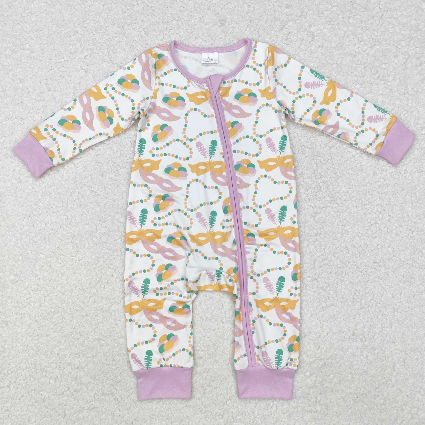 Baby Girls Long Sleeves Zipper Rompers Mosks Print Mardi Gras Romper