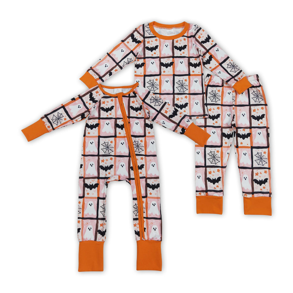 Sibling Baby Girls Halloween Bat Ghost Long Sleeve Pajama Set and Zipper Romper
