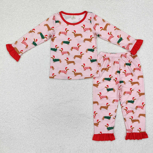 Baby Girls Christmas Dog Long Sleeve Ruffle Bamboo Pajama Set