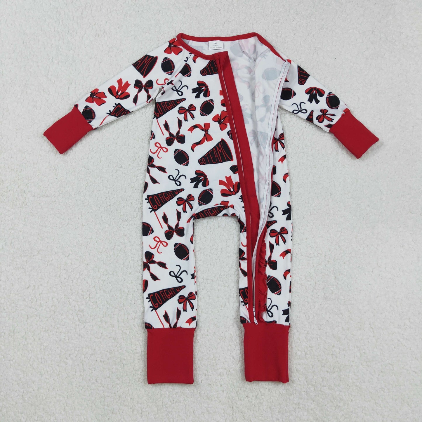 LR2512 Baby Girls Football Team Long Sleeve Red Zipper Romper