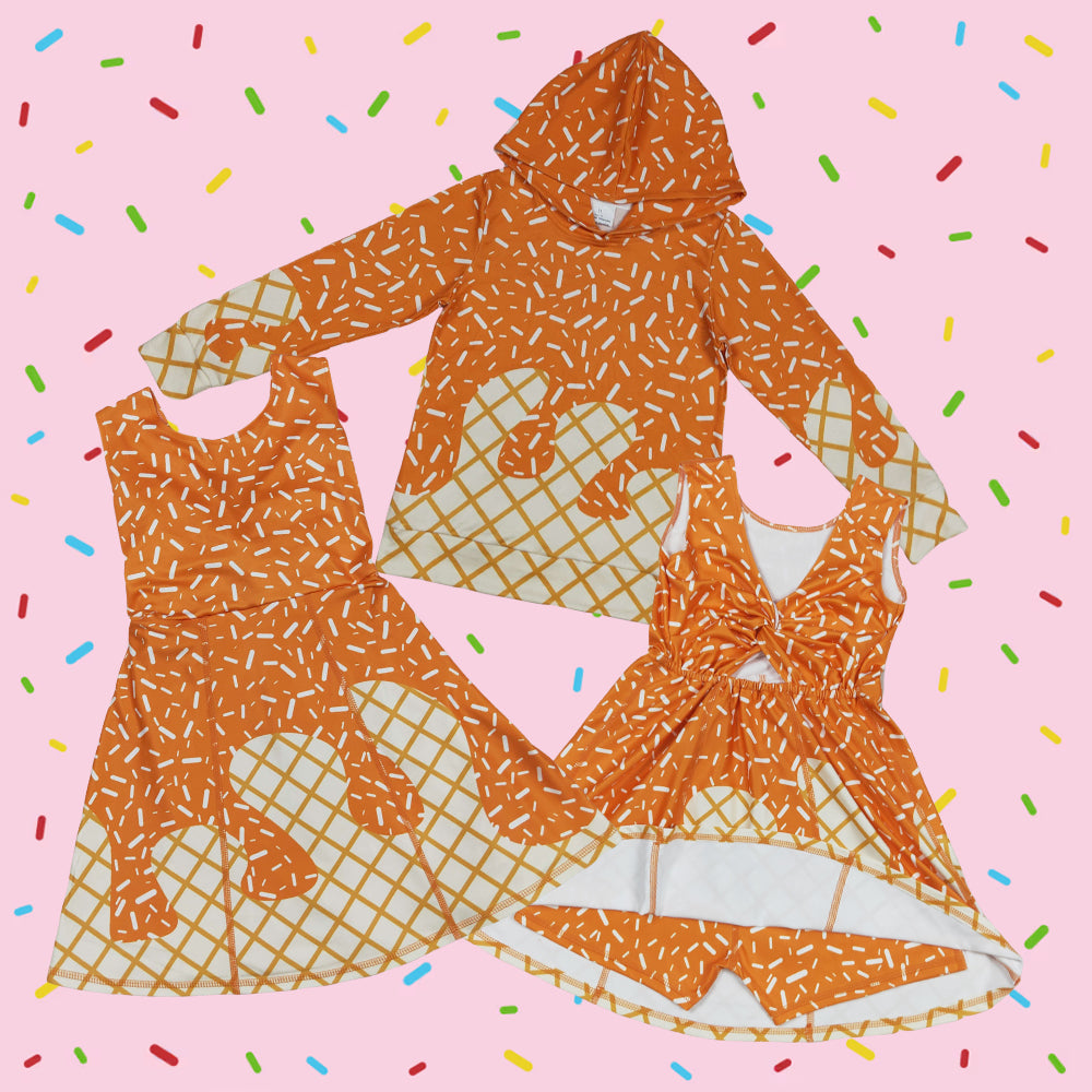 Sibling Baby Orange Color Ice Cream Drip Hoodie Top and Active Dress