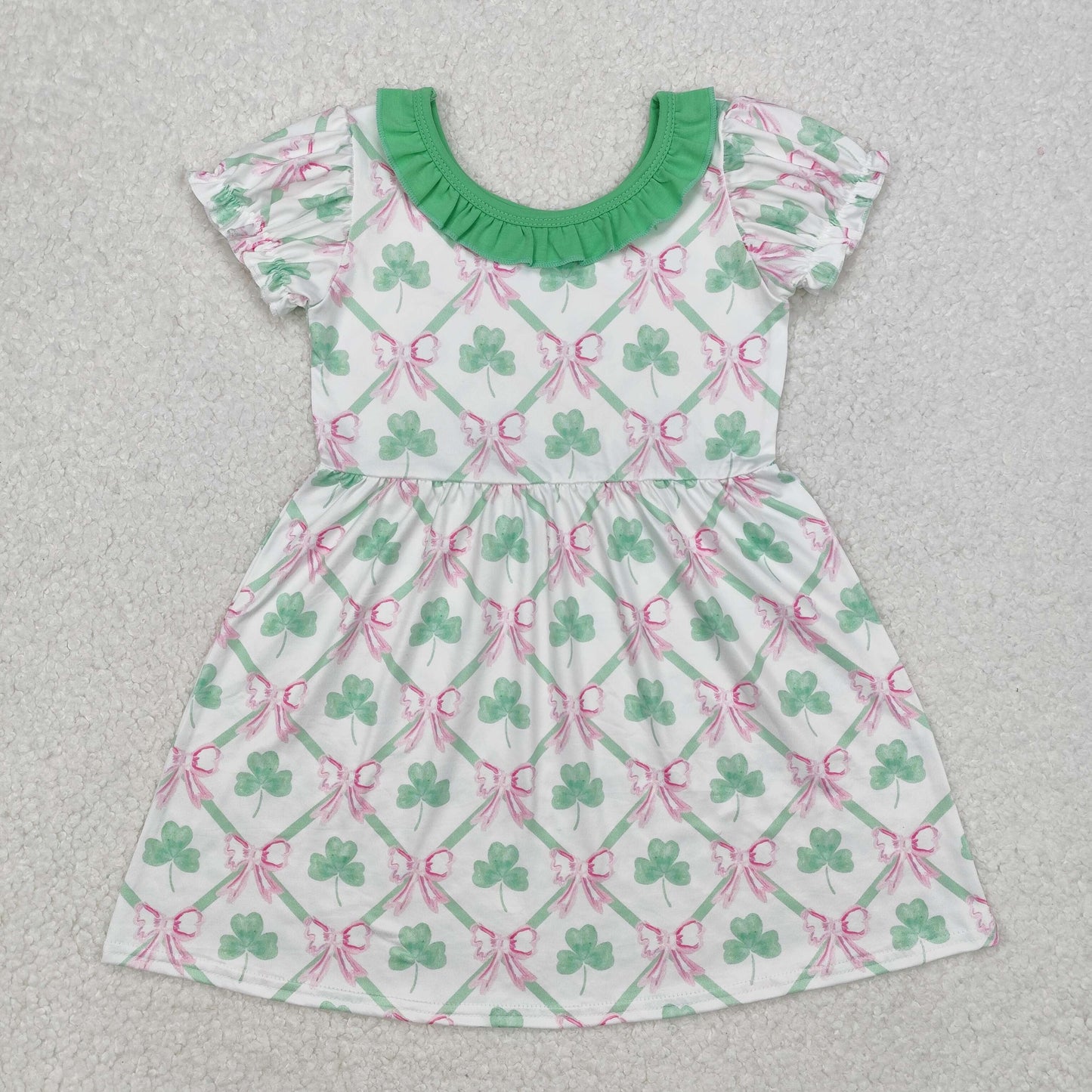 Baby Girls Short Sleeves Bows Plaid Clovers St Patrick Dresses