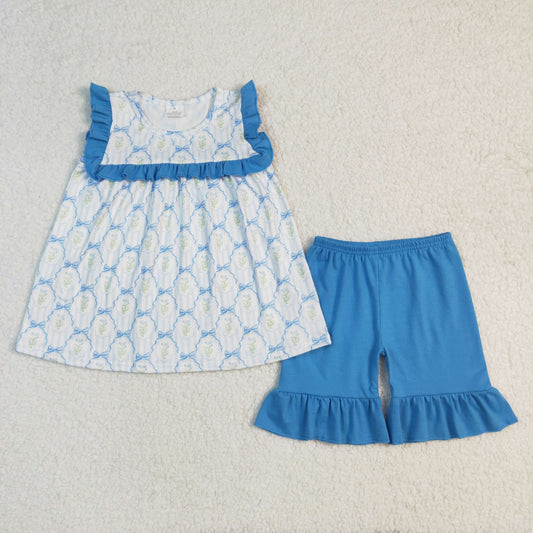 Baby Girls Blue Ruffle Sleeveless Bows Plaid Floral Tunic Short Valentines Set
