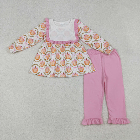GLP2427 Kids Girls Fall Pumpkin Bow Tunic Top With Ruffle Pants Outfit
