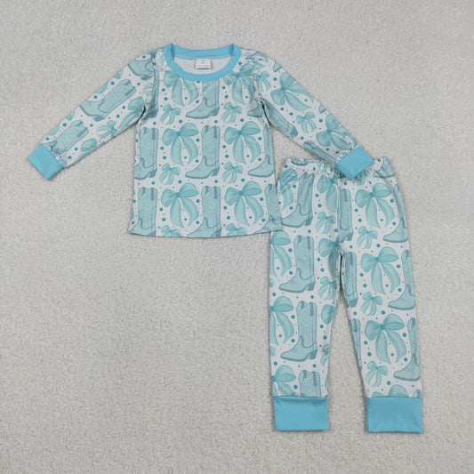 GLP2732 Kids Girls Western Blue Bow Boots Long Sleeve Pajama Set
