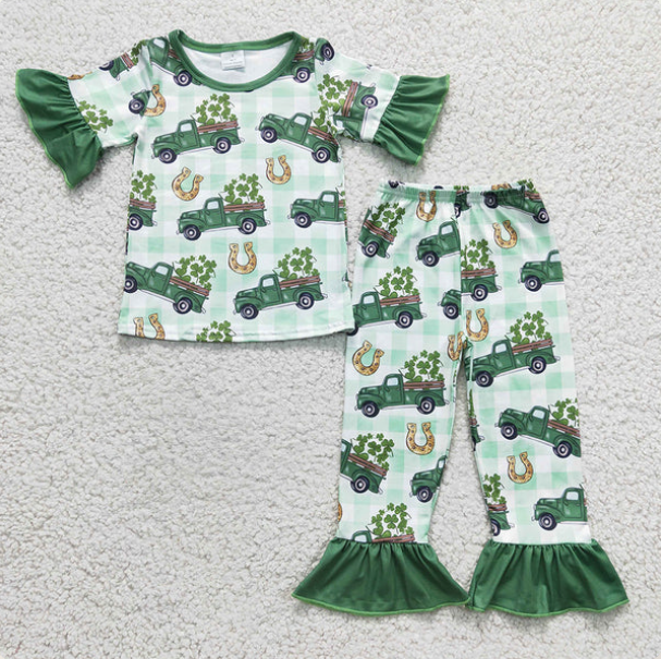 Baby Girls Green Plaid Clovers Trucks Top Pant St Patrick Pajamas Set