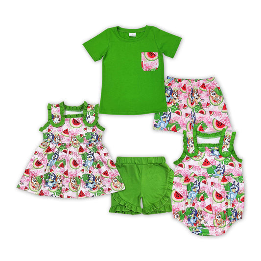 Summer Baby Sibling Cartoon Dog Watermelon Clothing Set