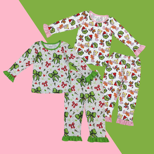 Sibling Toddler Girls Sister  Christmas Green Face Long Sleeve Pajama Set