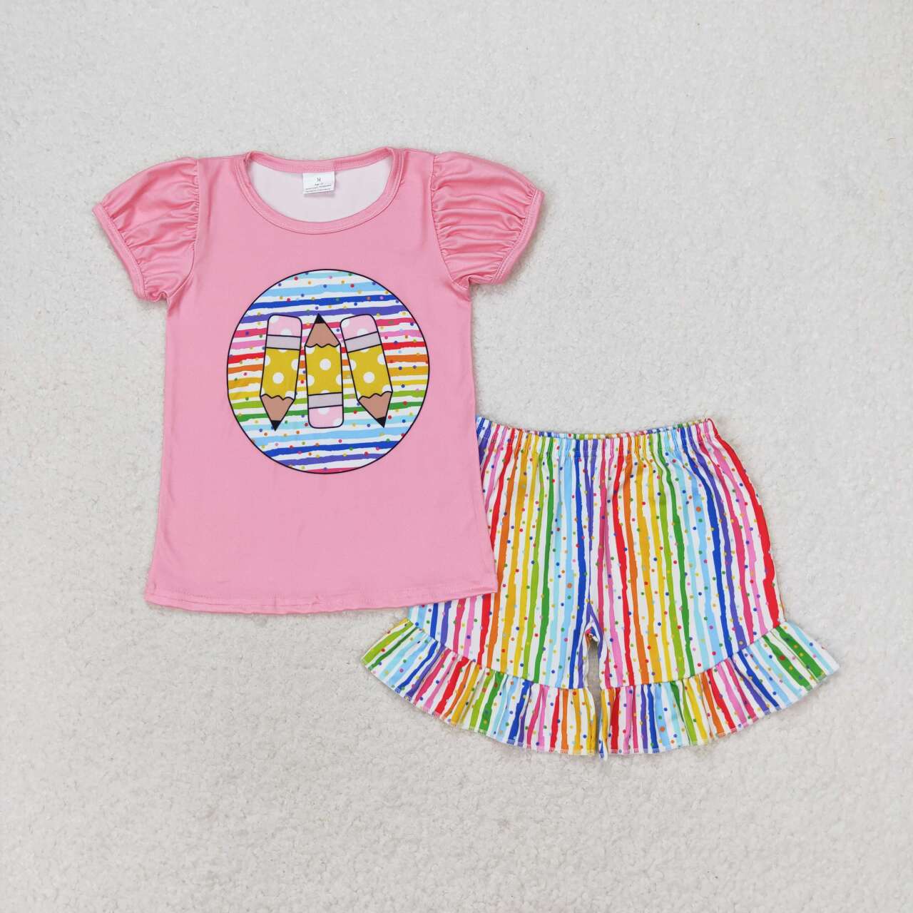 Kids Girls  Back to School Pen Colorful Striped Shorts Set