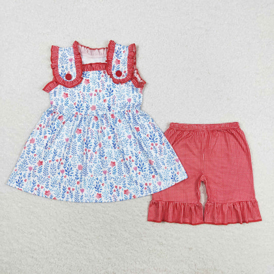 Kids Girls Rustic Flower Top Red Gingham Ruffle Shorts Set