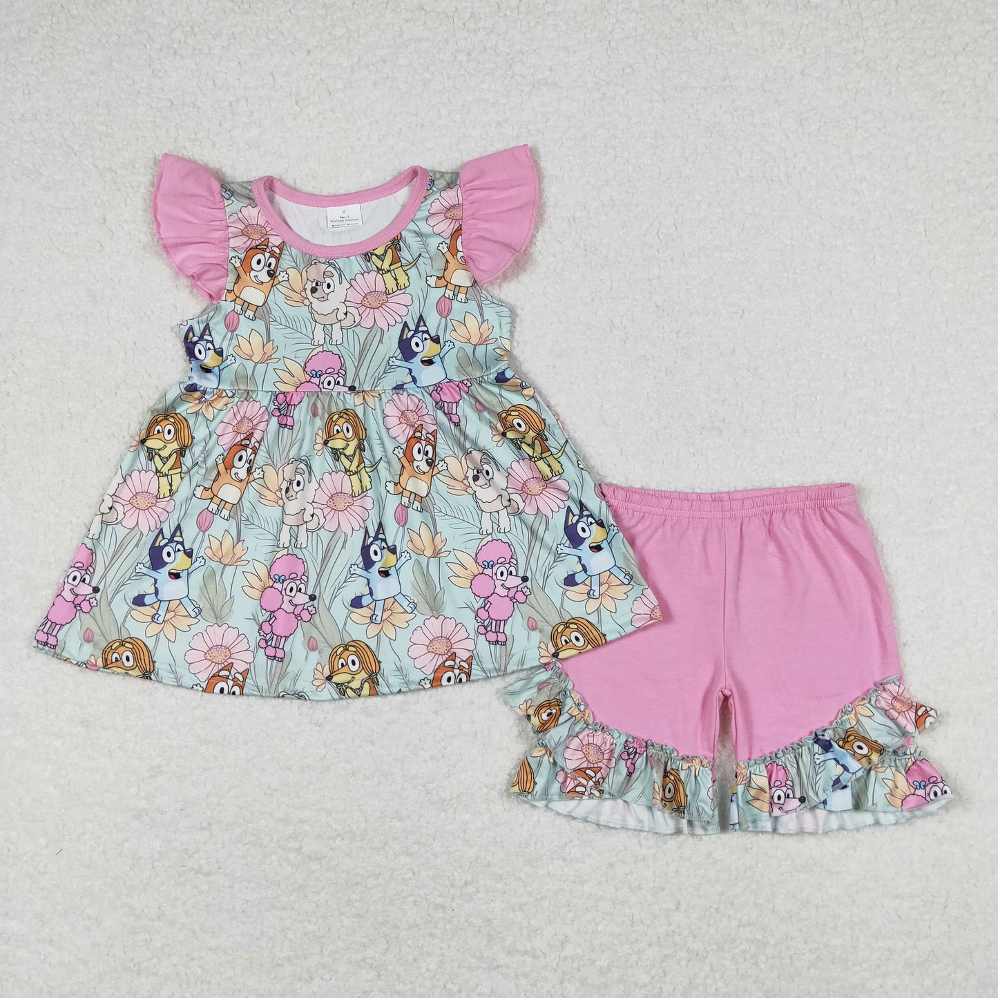 Cartoon Dog Summer Floral Girls Shorts Set