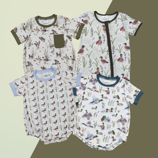 Newborn Baby Boys Sibling Summer Mallard Duck Short Sleeve Bubble Romper