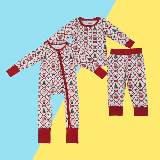 Baby Girls Sibling Christmas Trellis Bow Santa Tree Long Sleeve Pajama Set /Zipper Romper
