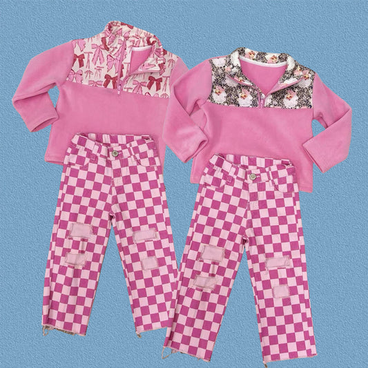 Baby Girls  Bows Pink Zipper Pullover Sherpa Tops +Hot Pink Checkecd Denim Pants Set