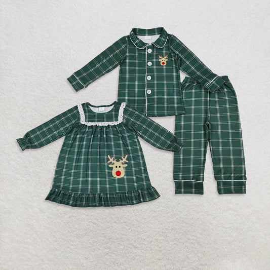 Sibling Christmas Green Plaid Applique Deer Pajama set /Dress