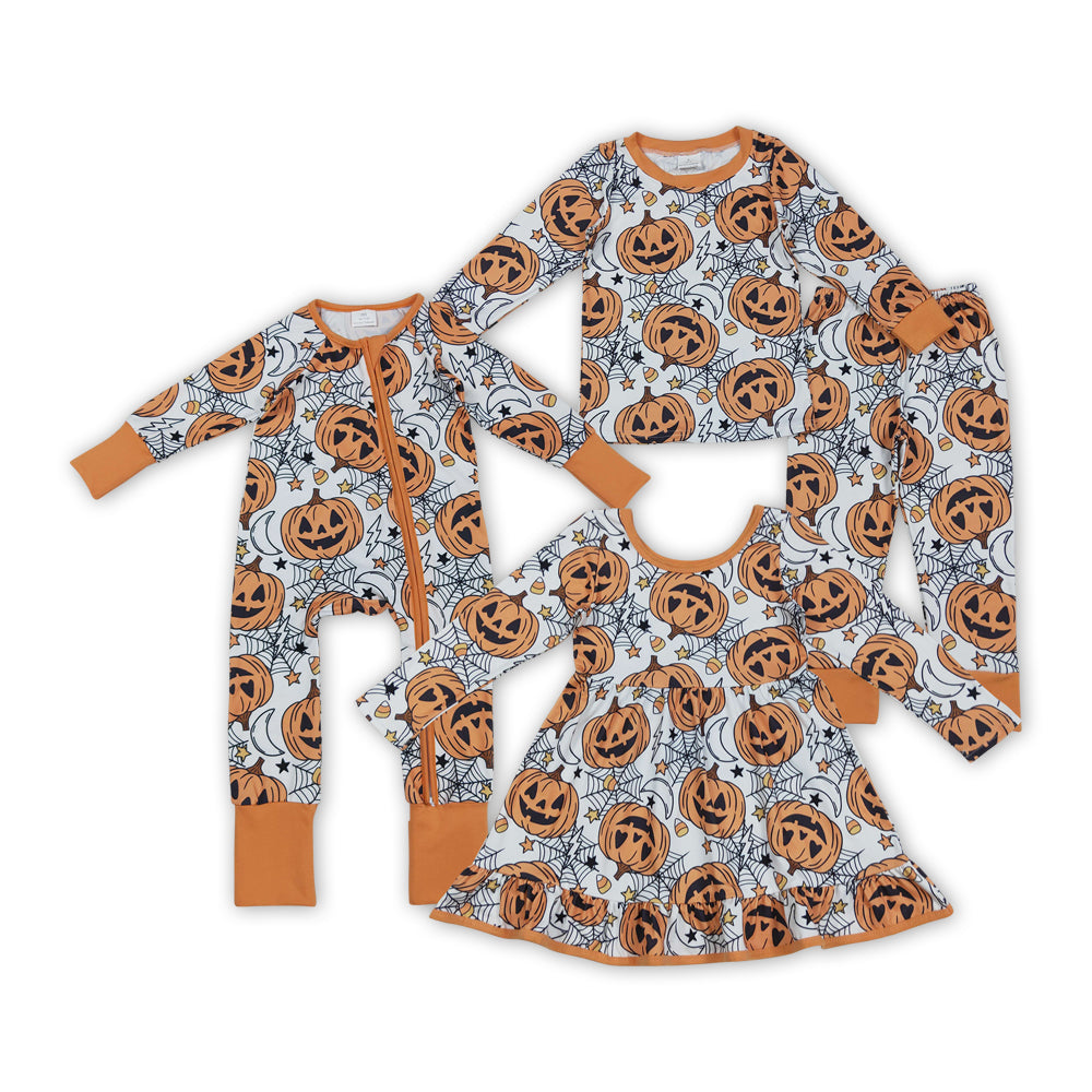 Sibling Baby Girls Halloween Pumpkin Dress and Romper