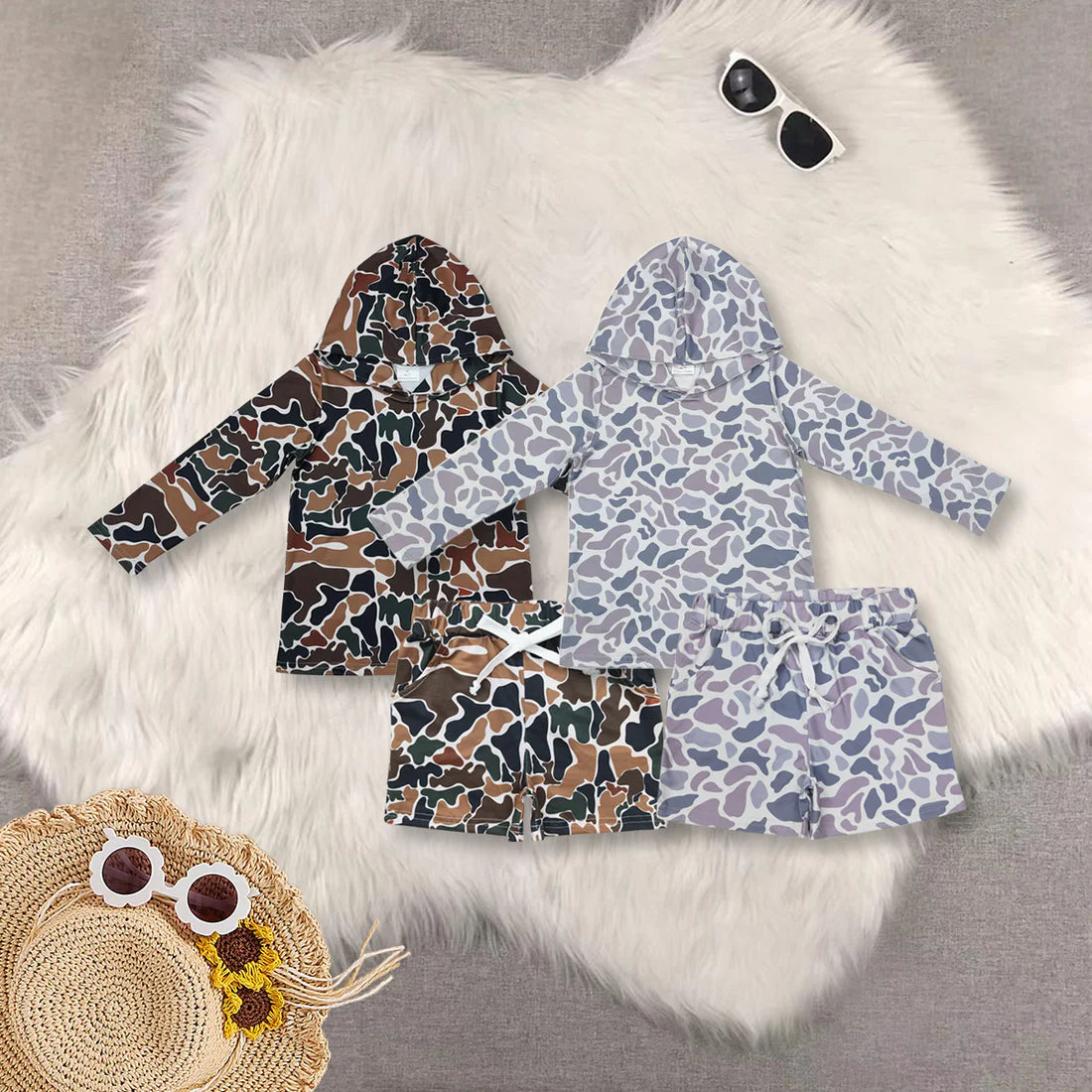 Kids Sibling Boys Camo Long Sleeve Hoodie Top With Shorts Set