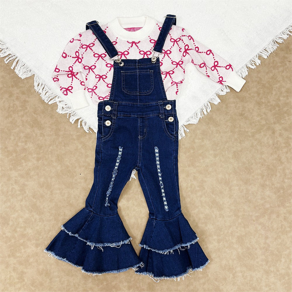 Toddler Girls Pink Bow Sweater Top With Denim Pants Outfit