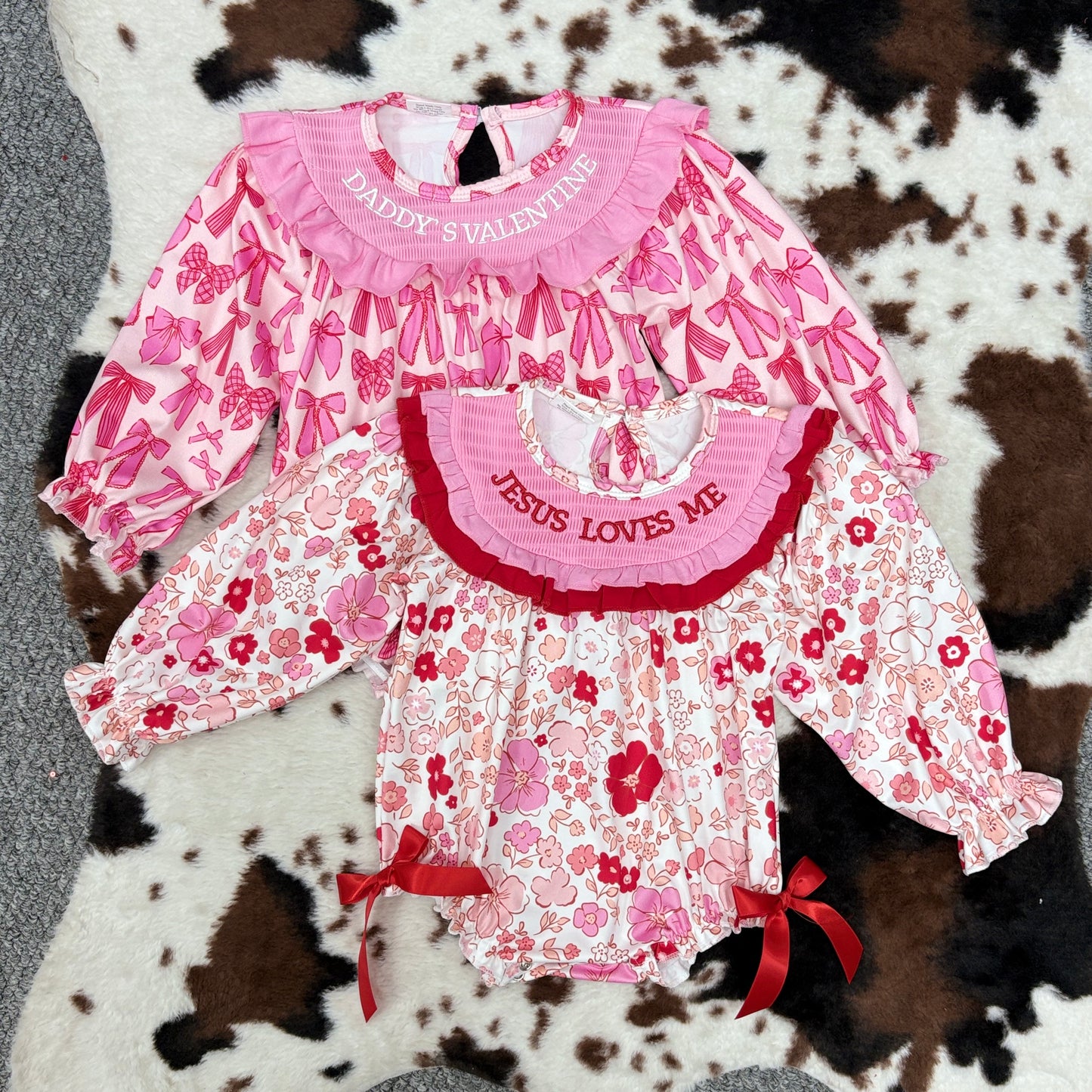 Sibling Baby Girls Pink Bow/Floral Long Sleeve Smocked Bubble Romper