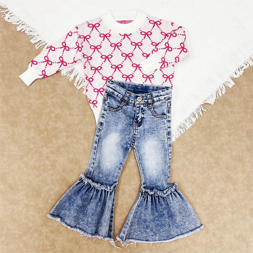 Toddler Girls Pink Bow Sweater Top With Denim Pants Outfit