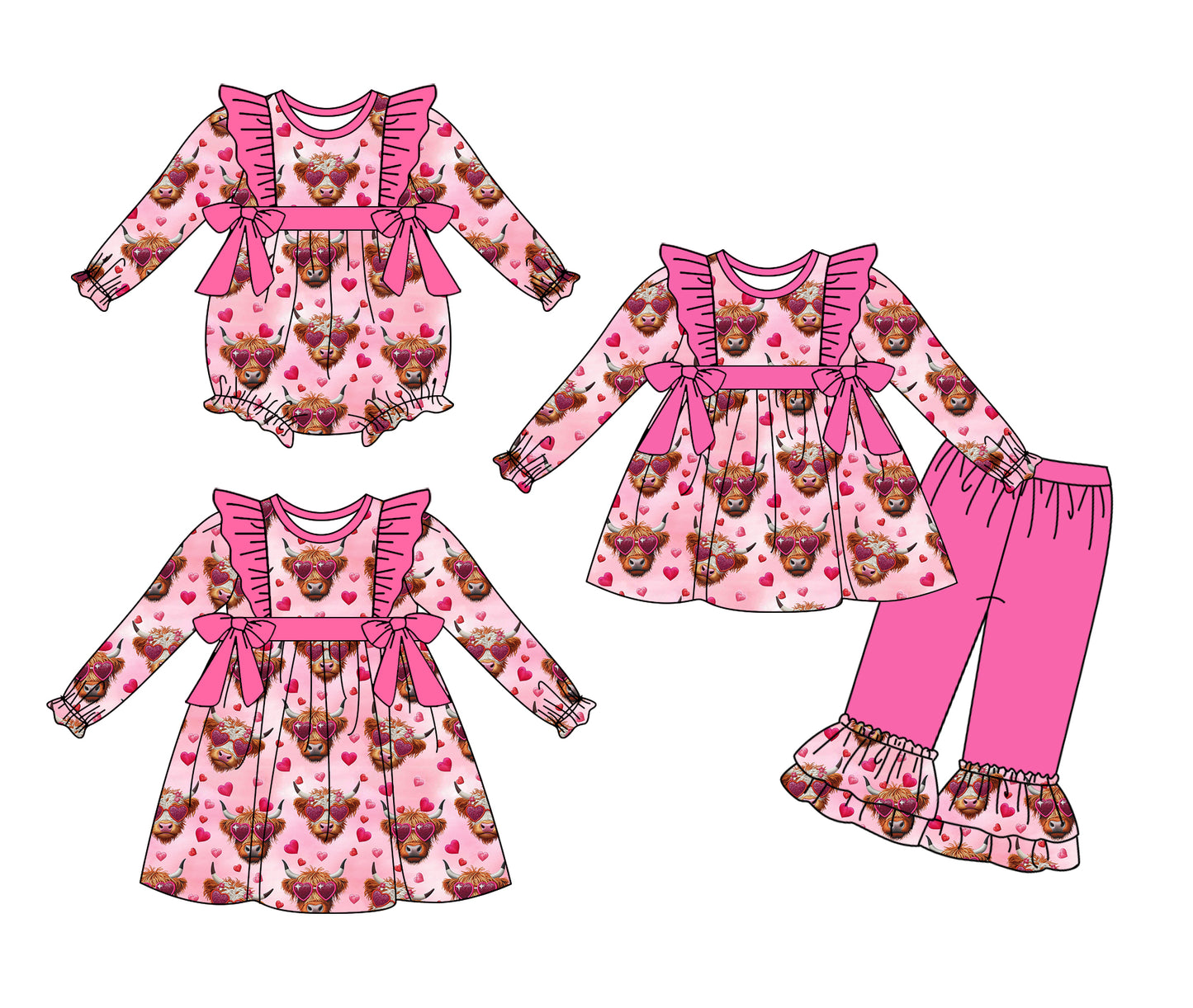 Sibling Baby Girls Heart Highland Cow Set Dress and Romper Preorder