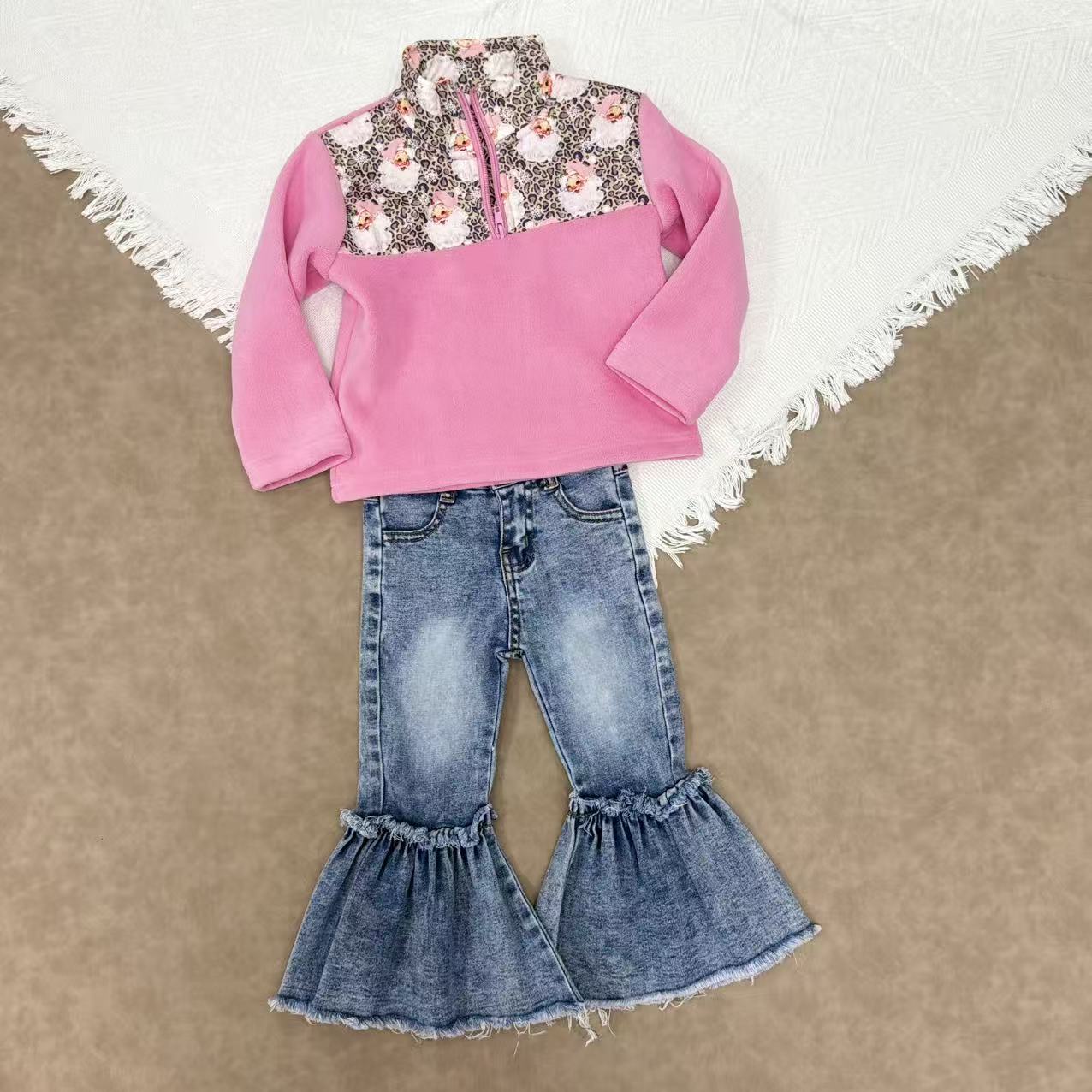 Baby Girls Christmas Santa Pink Zipper Pullover Sherpa Tops +Denim Pants Set
