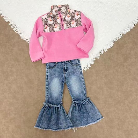Baby Girls Christmas Santa Pink Zipper Pullover Sherpa Tops +Denim Pants Set