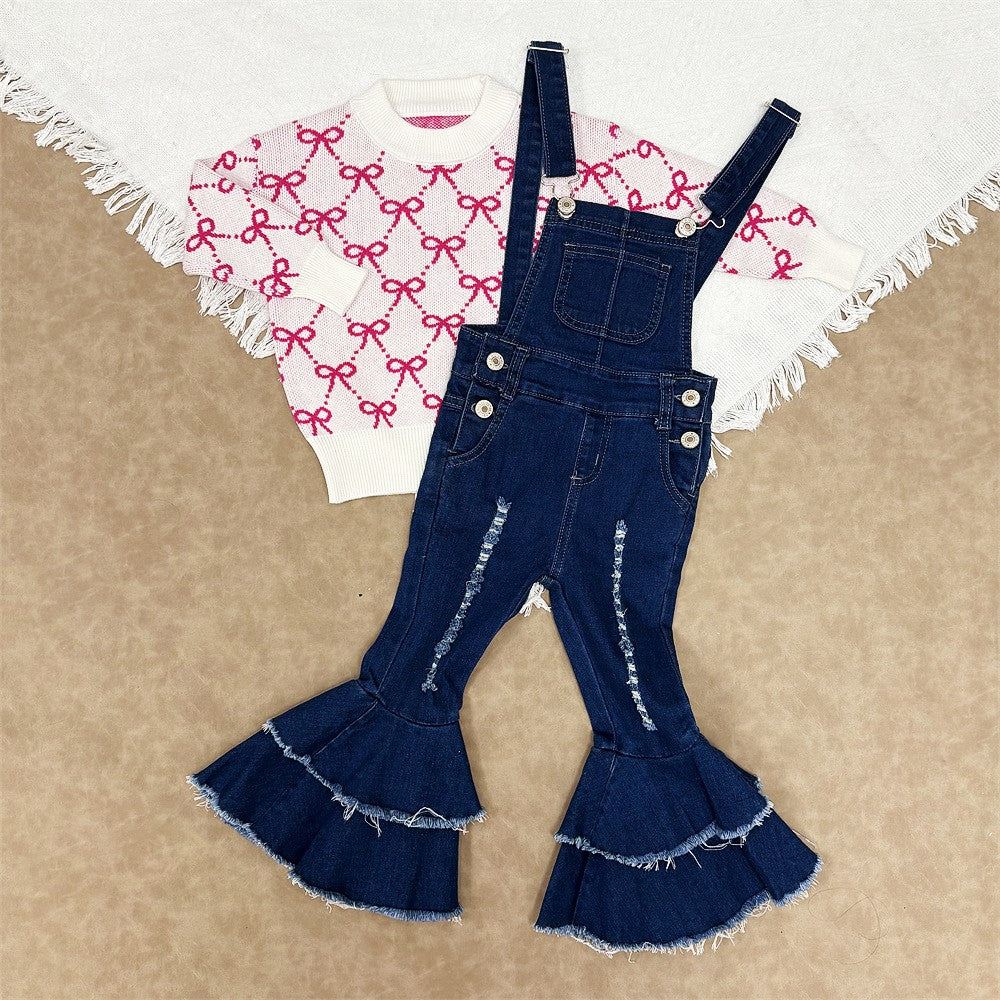 Toddler Girls Pink Bow Sweater Top With Denim Pants Outfit