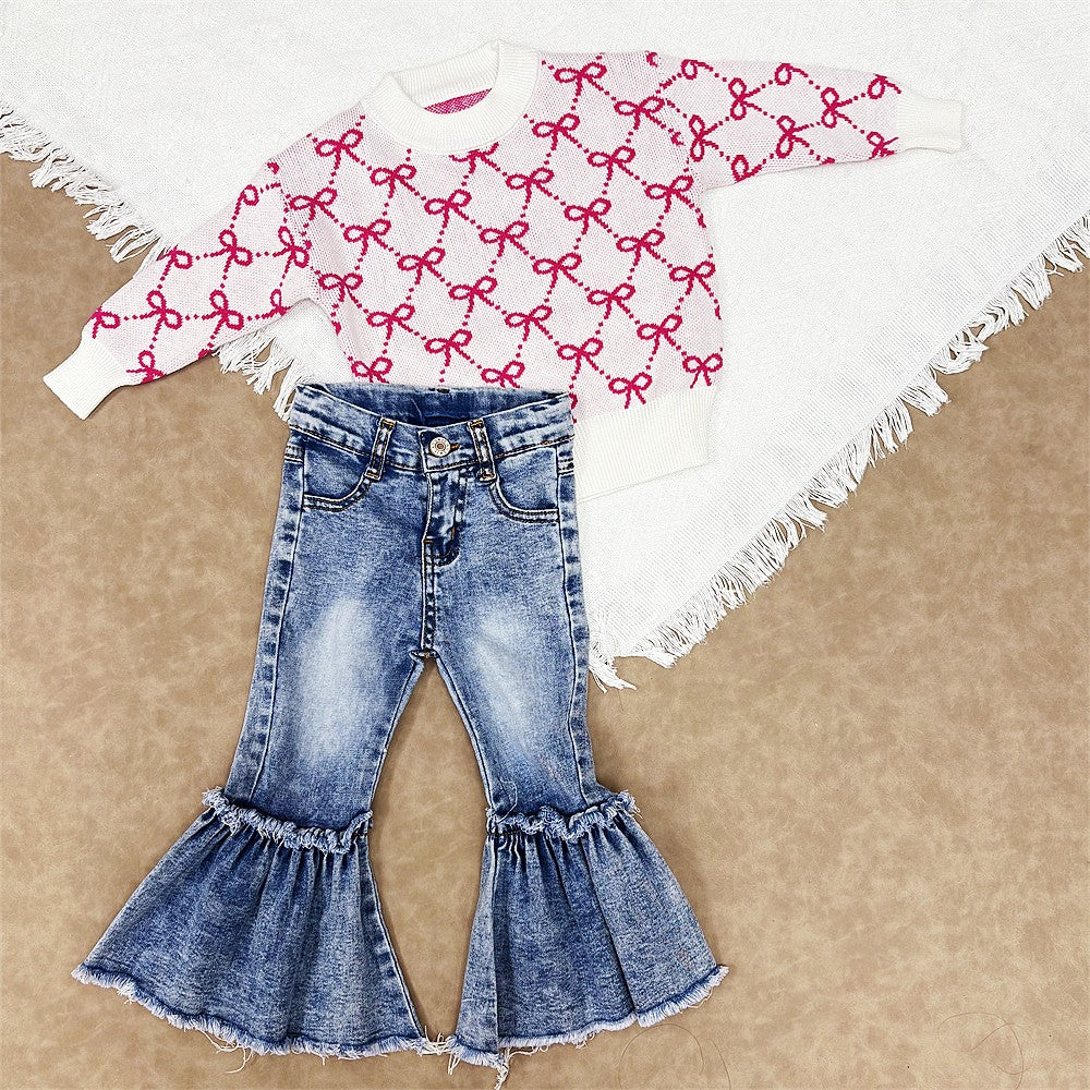 Toddler Girls Pink Bow Sweater Top With Denim Pants Outfit