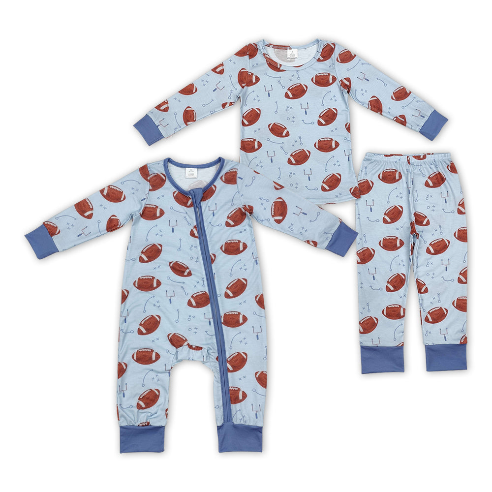 Baby Boys Sibling Brother Football Bamboo Pajama Set and Romper