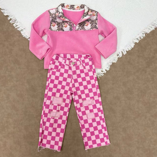 Baby Girls Christmas Santa Pink Zipper Pullover Sherpa Tops +Hot Pink Checkecd Denim Pants Set