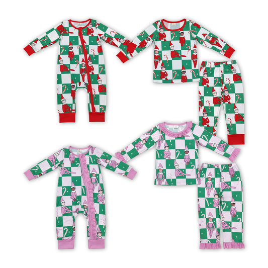 Sibling  Christmas Candy Cane Checked Bamboo Pajama Set and Romper