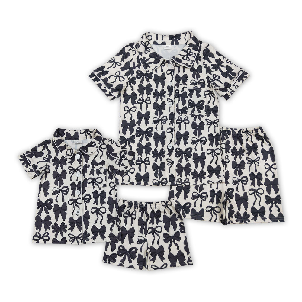 Mommy and Me Baby Girls Black Bows Button Pocket Top Short Pajamas Setsn