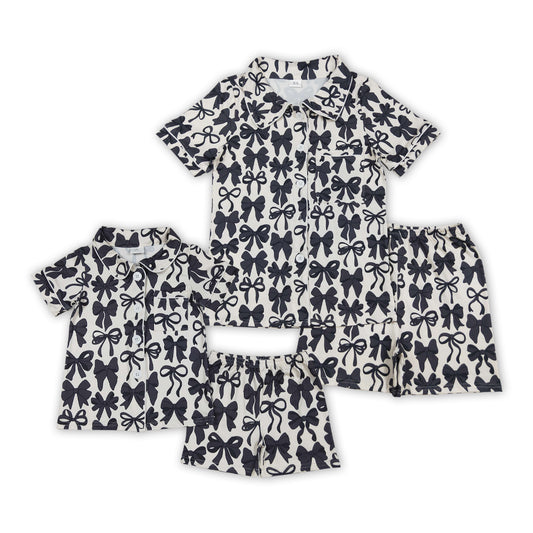 Mommy and Me Baby Girls Black Bows Button Pocket Top Short Pajamas Setsn