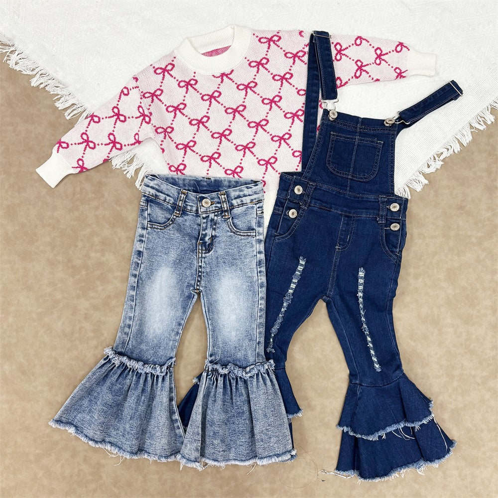 Toddler Girls Pink Bow Sweater Top With Denim Pants Outfit