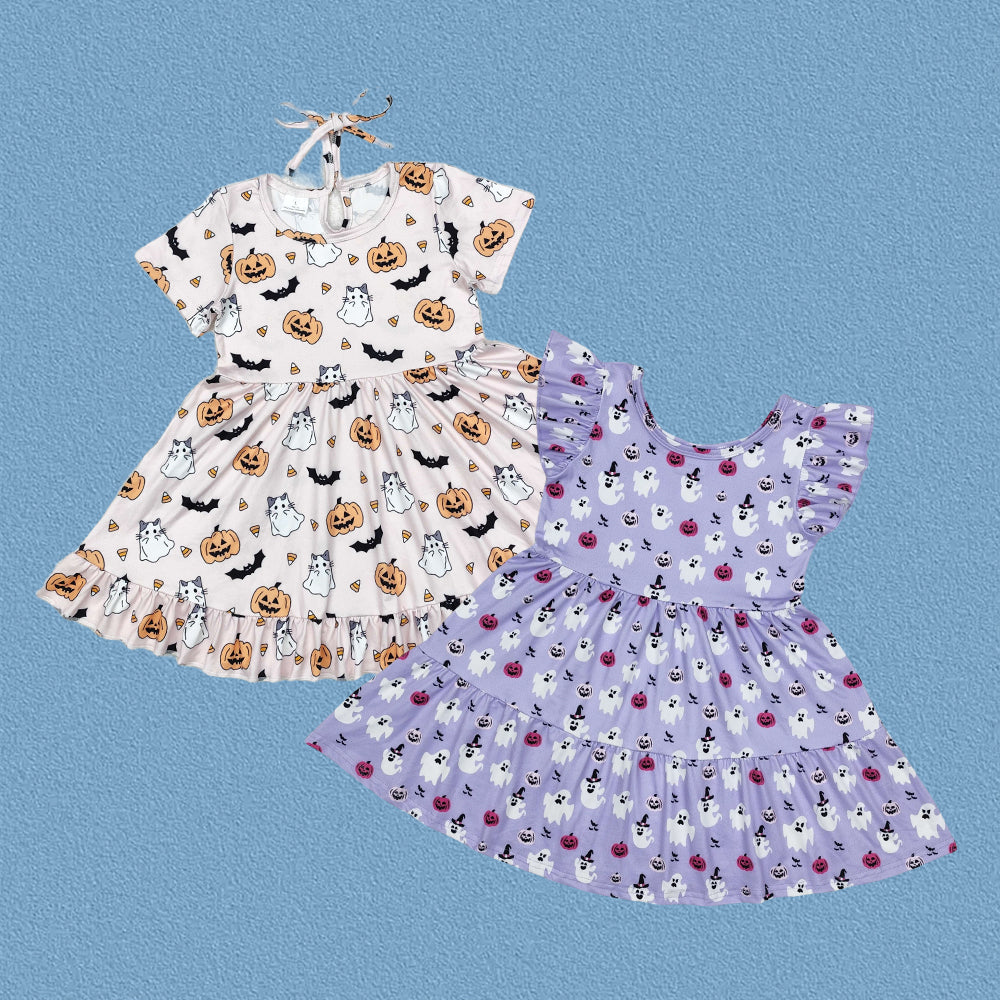 Sibling Toddler Girls Sister  Halloween Ghost Pumpkin Short Sleeve Dress