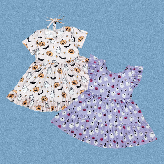 Sibling Toddler Girls Sister  Halloween Ghost Pumpkin Short Sleeve Dress