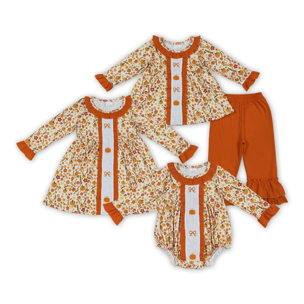 Sibling Embroidery Baby Girls Fall Bows Pumpkins Tunic Pants Set Knee Length Dress Rompers