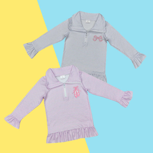 Sibling Baby Girls  Bows Shoes Appliaue Zipprt Ruffle Long Sleeve Pullvoer Top