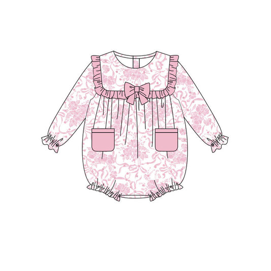 Preorder , 5 MOQ Baby Girls Pink Flowers Bow Print Long Sleeve Bubble