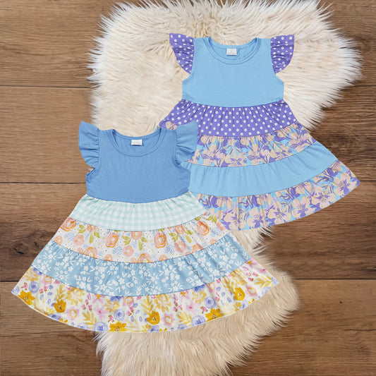 Toddler Girls Sibling Cornflower Watercolor Florals Ruffle Dress