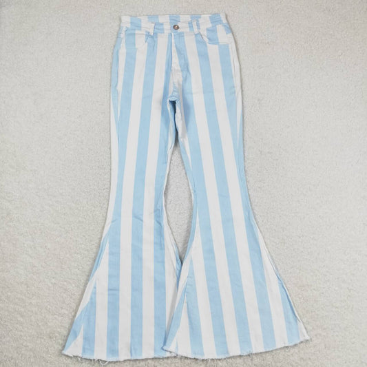 Adult Women Light Blue Color Striped Bell Denim Pants