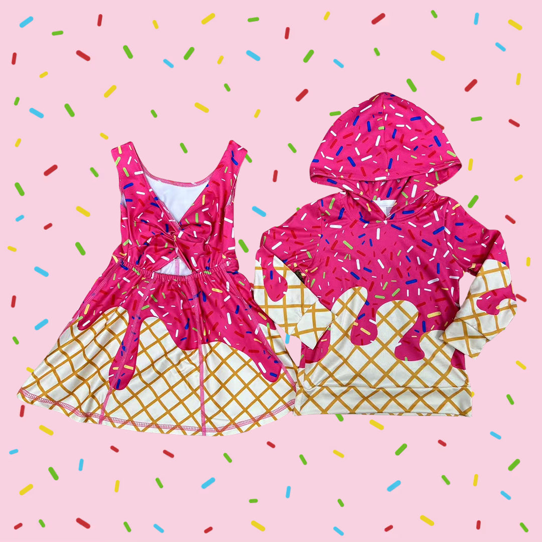 Sibling Baby Dark Hot Pink Color Ice Cream Drip Hoodie Top and Active Dress